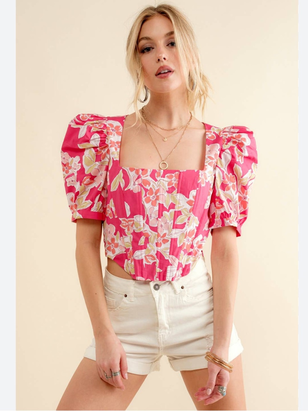 Blue B Collection pink floral puff sleeve corset bustier square neck top